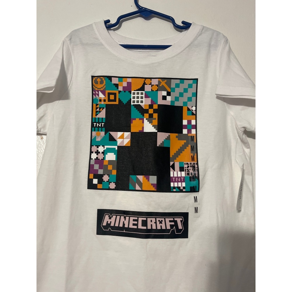 Minecraft Girls White Graphic Tee Creeper Pixel Art Shirt Size M 10-12 NWT - Picture 4 of 5
